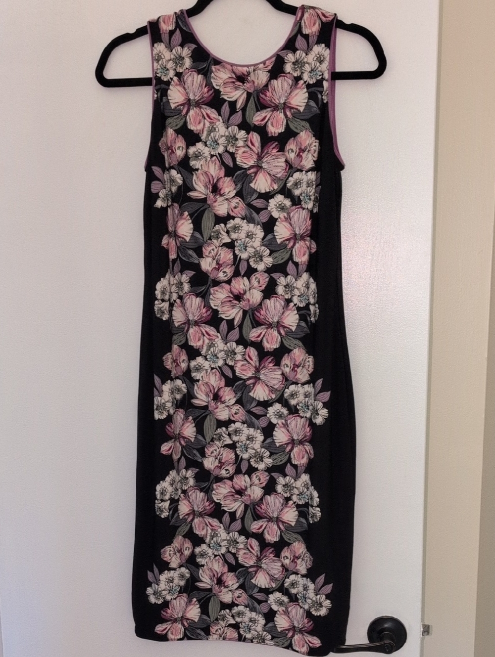 Sleeveless Black Dress with Pink Floral Print
